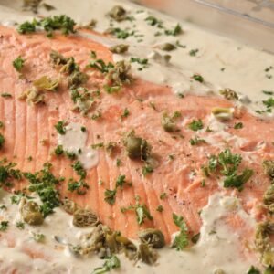 Baked Salmon w/ Creamy Lemon Caper Sauce