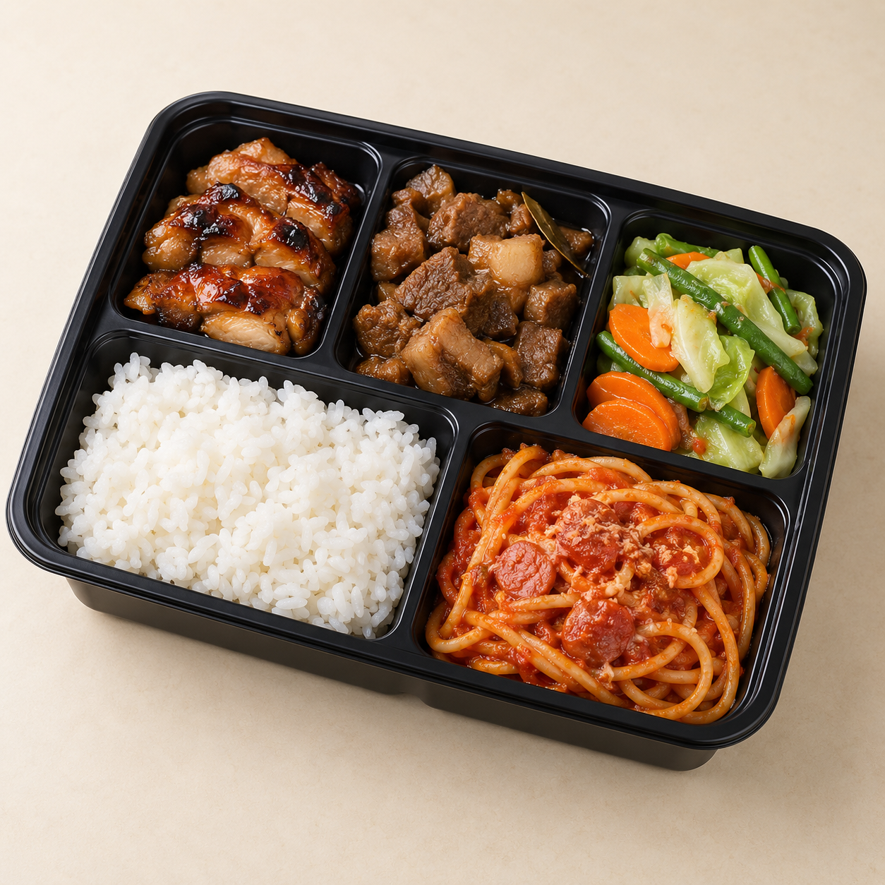 Packed meal with two main proteins, vegetables, rice and pasta